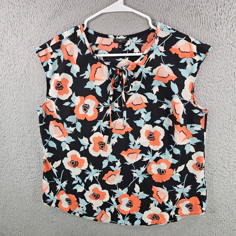 Talbots Petites Floral Blouse Orange Blue Poppy Tie Neck Cap Sleeve Top 12P